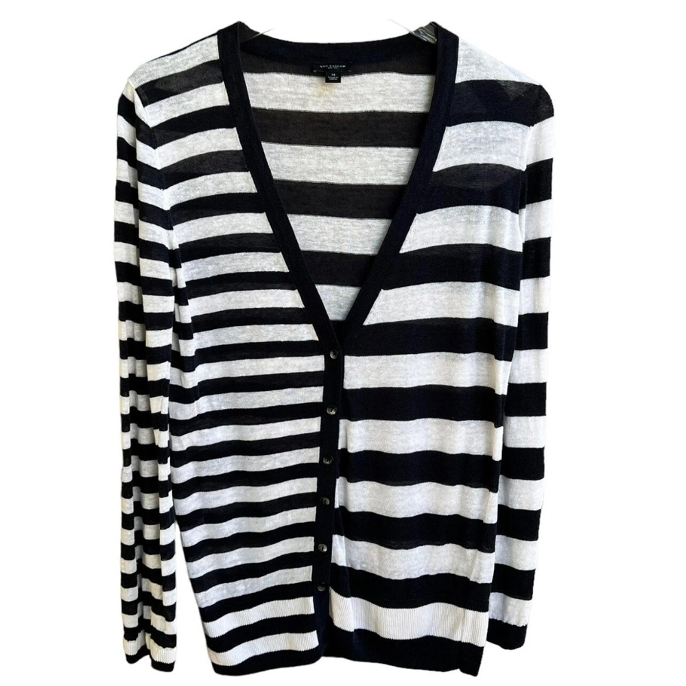 Ann Taylor Navy and Cream Striped Cardigan Sweater